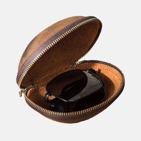 Personalized Crazy Horse Leather Folding Glasses Case with Zipper and Hook